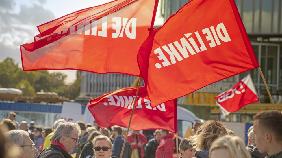 Rote Fahnen Die Linke auf einer Demomnstration